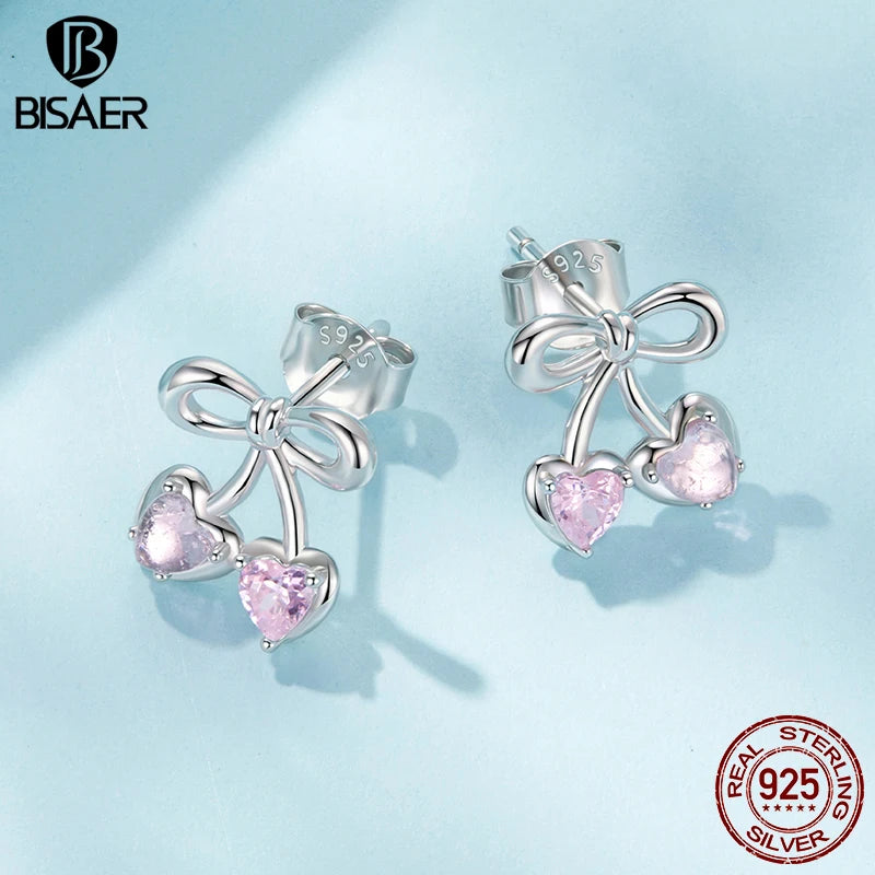 BISAER 925 Sterling Silver Pink Cherry Stud Earrings, Heart CZ Stud Ear for Romantic Women Girls Party Fine Jewelry ECE1952