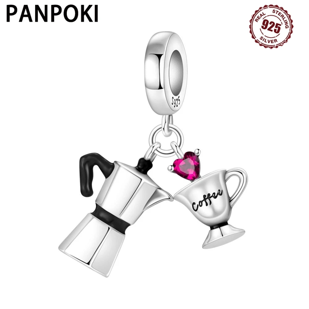 PANPOKI 925 Sterling Silver Love Coffee Cup Pendant Beads Original Pendants Bracelet Charm Jewelry Party DIY Trendy Gifts