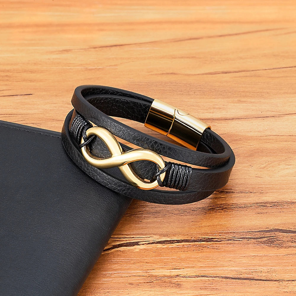 TYO Multilayer 8 Shape Infinite Symbol Men Bracelet Leather 3 Colors Metal Stainless Steel Magnetic buckle Jewelry Bangle Gift