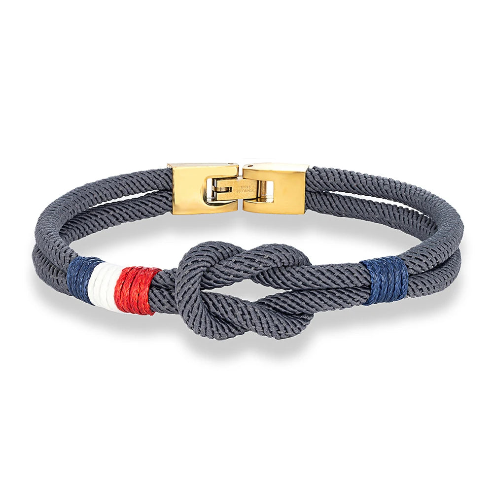 MKENDN Gold Plated Stainless Steel Square Knot Rope Bracelet Men Women Handmade Woven Double-Layer Design France USA Flag Gifts