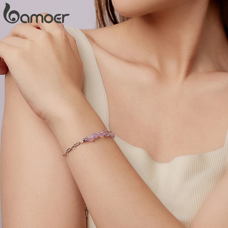 BAMOER Armband aus 925er Sterlingsilber mit lila Kristallen, verstellbare Perlen und Kette, zweifarbiges Armband für Damen und Teenager, zartes Geschenk