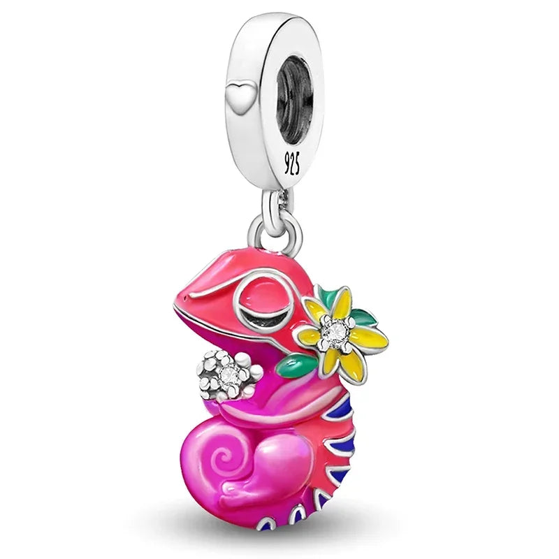 925 Sterling Silver Pink Chameleon  Luminous Firefly Dog Charms Bead Fit Diy Bracelet Bangle Making Gift of High Quality Jewelry