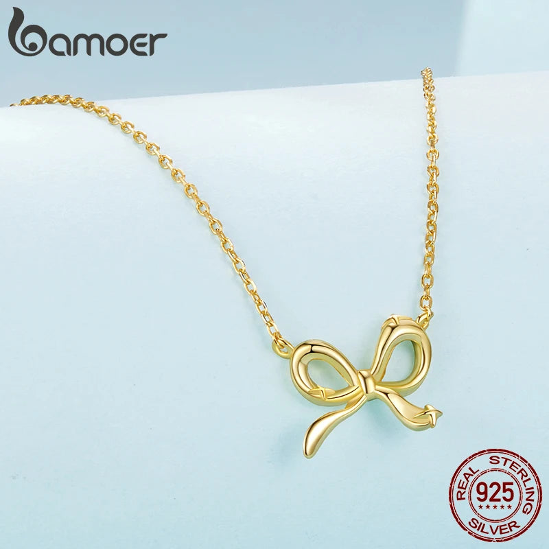 BAMOER 925 Sterling Silver Bowknot Chain Necklace Gold Plated Link Chain with Bow Choker for Women Girls Fashion Jewelry Gifts