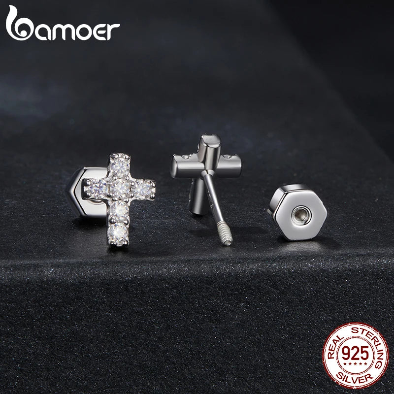 BAMOER White Gold Plated Moissanite Cross Earrings for Women, 925 Sterling Silver Small Religious Faith Cross Studs Huggies