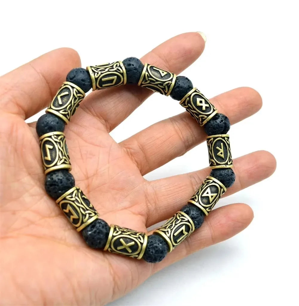 Vintage Volcano Lava Stone 10pcs Runes Beads Men Bracelet Viking Rune Bracelet Fashion Charm Jewelry Men Women Gift
