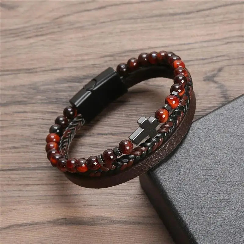 Fashion Cross Charm Mutilayer Leather Bracelet with Stainless Steel Clasp Men Punk Beaded Leather Bracelet For Men Jewelry Gift