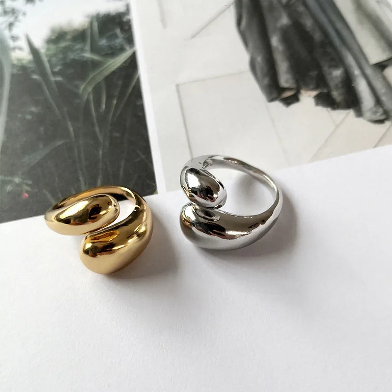 Punk Rock Waterdrop Shape Opening Rings for Women Gold Color Teardrop Chunky Polished Stainless Steel Metal Ring Jewelry Bijoux