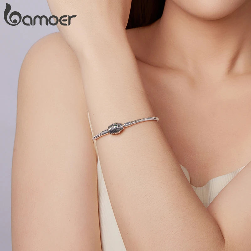 BAMOER 925 Sterling Silver Retro Snake Bone Chain Bracelet with Serpent Head Charm for Women Anniversary Zodiac Birthday Gift