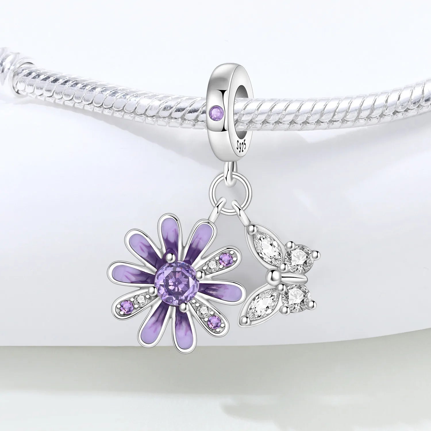 PANPOKI 925 Sterling Silver Purple Daisy Butterfly Beads Original Pendants Bracelet Charm Jewelry Party DIY Trendy Gifts