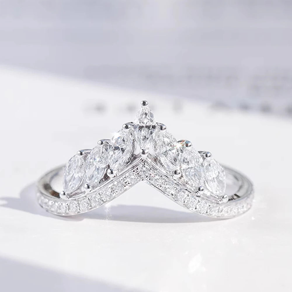 Trumium 18k White Gold Marquise Stackable Cubic Zirconia CZ V Shape Curved Engagement Rings Sparkling 925 Silver Wedding Band