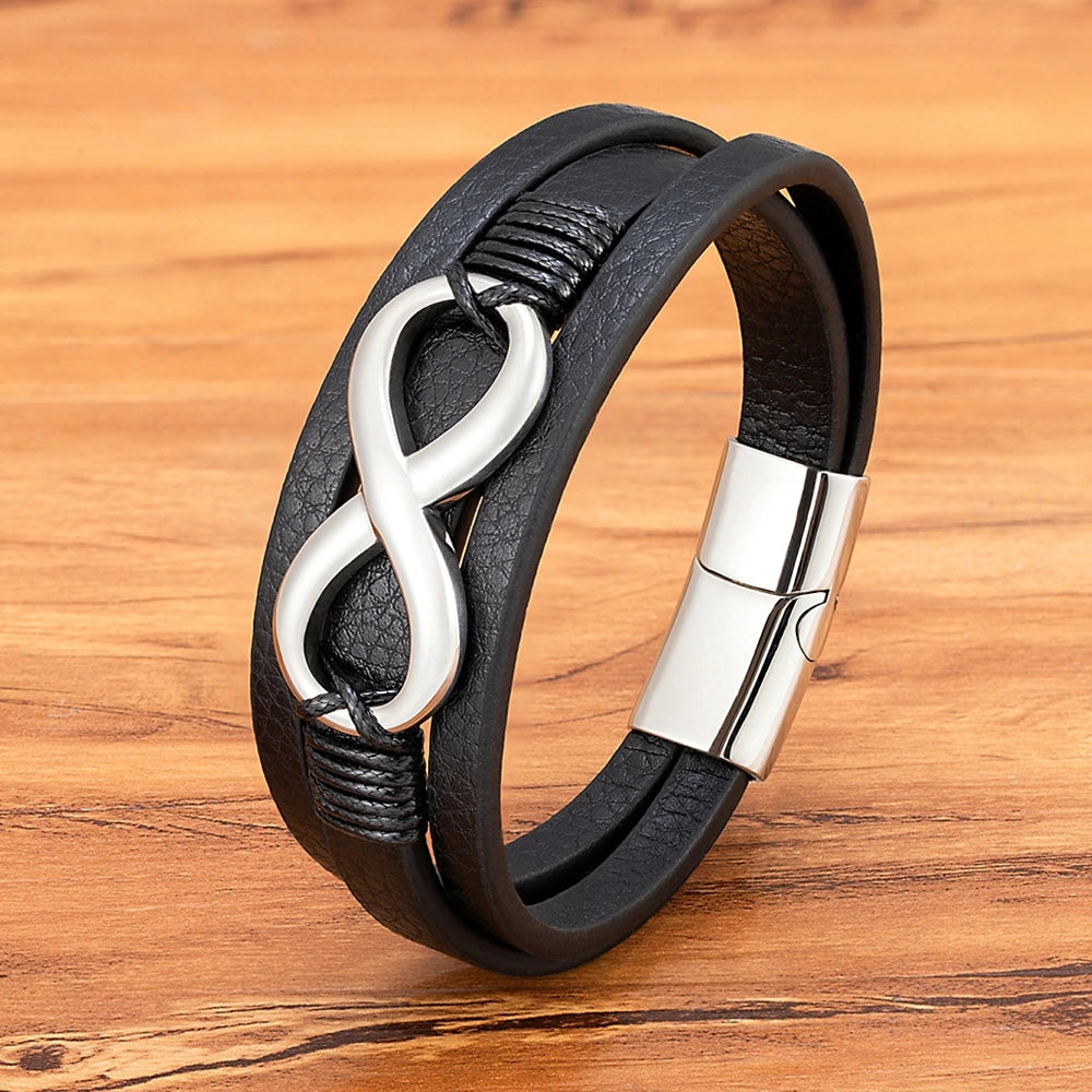 TYO Multilayer 8 Shape Infinite Symbol Men Bracelet Leather 3 Colors Metal Stainless Steel Magnetic buckle Jewelry Bangle Gift