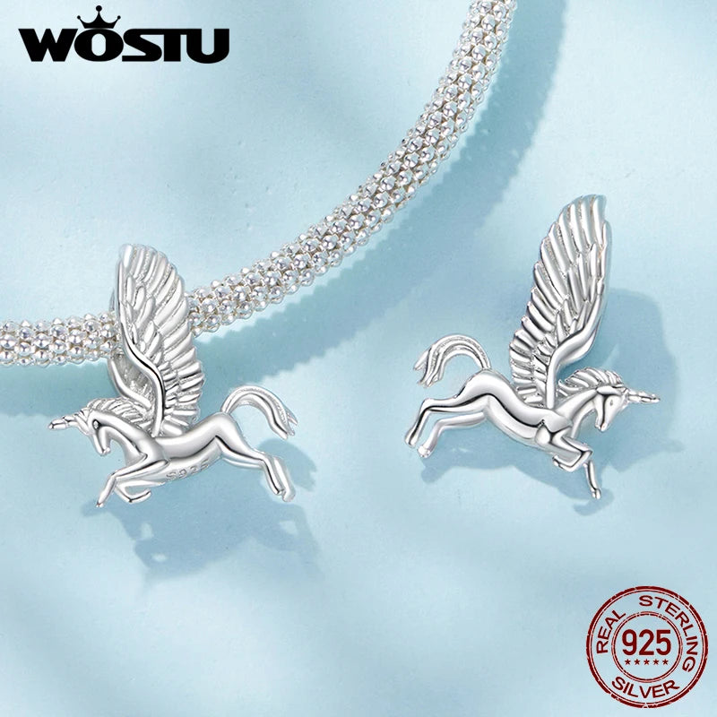 WOSTU 925 Sterling Silver Myth Unicorn Wing Charm Beads For Women , Girl Birthday Gift Pet Animal Beads Fit Original Bracelet
