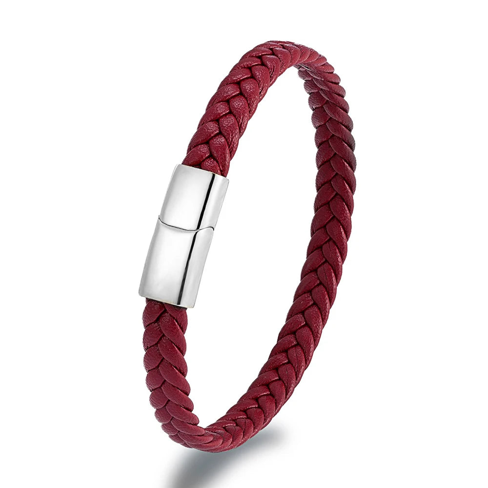 MKENDN Simple Classic Stainless Steel Bracelet for Women Men Genuine Braided Leather Bangles Special Couple Jewelry Gift