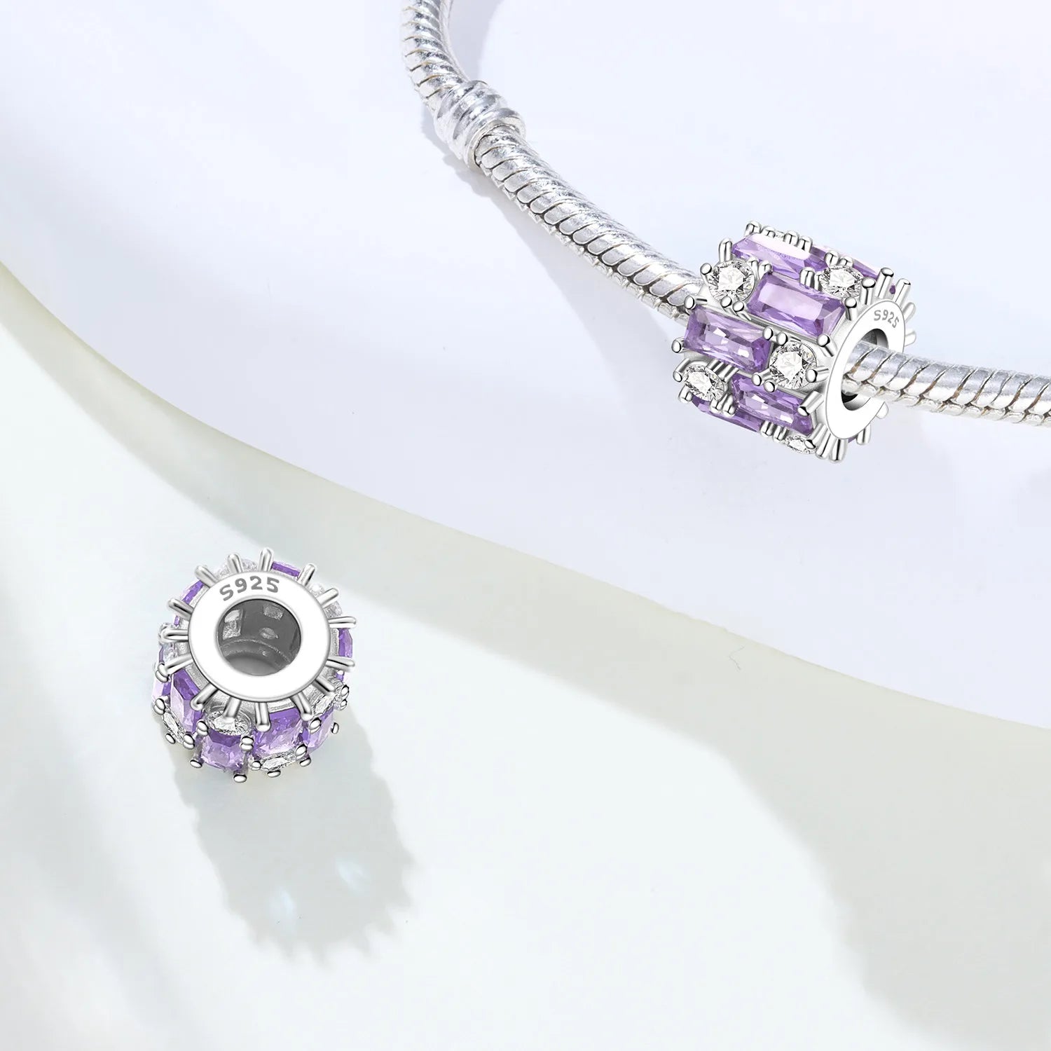 PANPOKI 925 Sterling Silver Elegant Purple Zircon Beads Original Pendants Bracelet Charm Jewelry Party DIY Trendy Gifts
