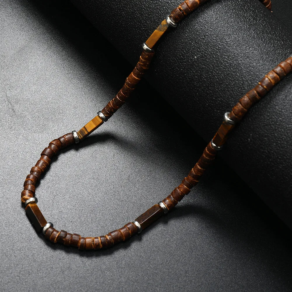 Vintage Bohemian Summer Jewelry Ethnic Style Jewelry Brown Coconut Shell Wood Beads Natural Stone Necklace Men's Jewelry