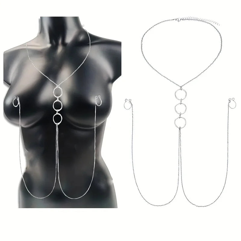 A Silvery Stainless Steel Body Chain With A Sexy Nipple Ring And Chain, A Fake Nipple Ring, Ladies' Jewelry.