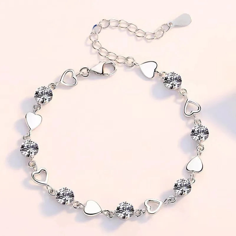 925 Sterling Silver Heart Shaped Necklace Bracelet Set for Women Vintage Korean Crystal Bracelets High Quality Set Party Jewelry - Madeinsea©