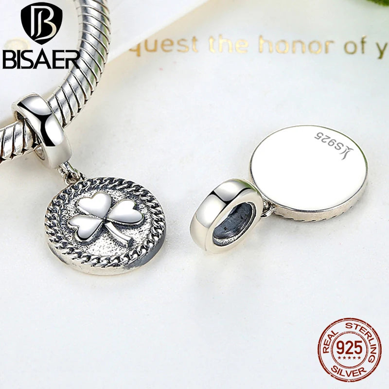BISAER 100% 925 Sterling Silver Vintage Heart Charm Bead Four Leaf Clover Pendant Fit Women DIY Necklace Bracelet Fine Jewelry