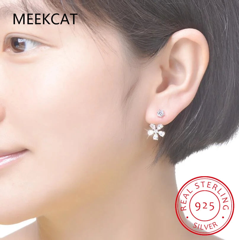 2.0 CTTW Moissanite Stud Earring 925 Sterling Silver Flower Earring For Women Front Back Double Sided 2 in 1 Pierced Ear Jewelry