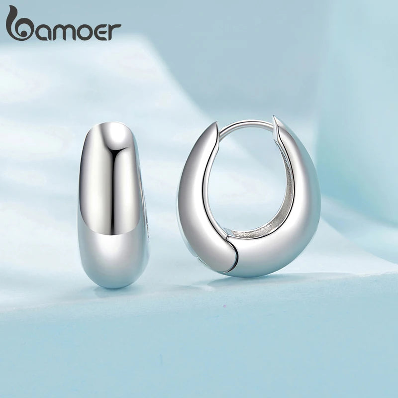BAMOER White Gold Plated 925 Sterling Silver Post Glossy Hoop Earrings, High Polished Trendy Fashion Jewelry for Women Bijoux