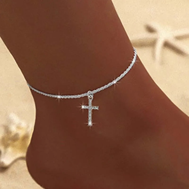 Silver Color Double Layer Shiny Chains Anklets For Women Heart Cross Geometric Pendant Foot Leg Barefoot Bracelet Charm Jewelry