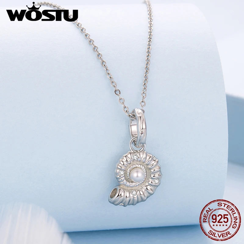 WOSTU 925 Sterling Silver Seashell Pendant Charms With Pearl & CZ, Top Quality Holiday s925 jewelry Sea Shell Chain Links