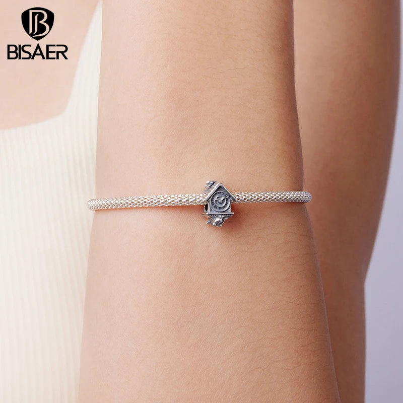 BISAER 925 Sterling Silver Retro Cuckoo Clock Charm Vintage House Clock Bead for Women DIY Bracelet & Necklace Fine Jewelry Gift