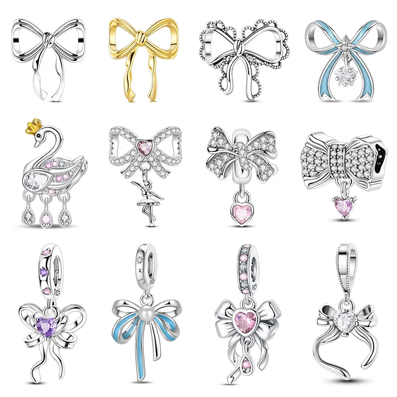 Fit Original 925 Sterling Silver Charms Beads Bows Swan Ballet Princess Pink Charms For Women Fine DIY Birthday Jewelry Gifts