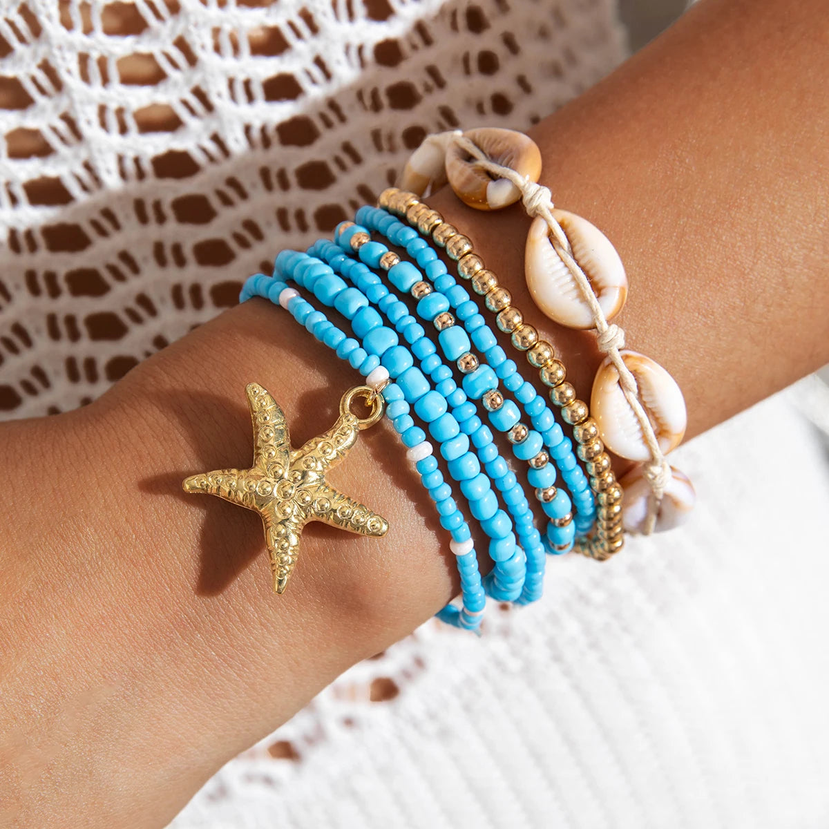 Tocona Bohemian Resort Style Shell Beaded Weaving Bracelet Beach Style Starfish Rice Beads Seven Piece Set for Women 25134 - Madeinsea©