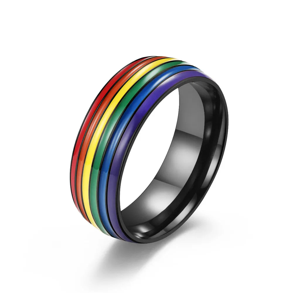 MKENDN Multicolor Men Women Rainbow Colorful LGBT Pulsera Ring Stainless Steel Wedding Band Lebian & Gay Rings Pride Gifts