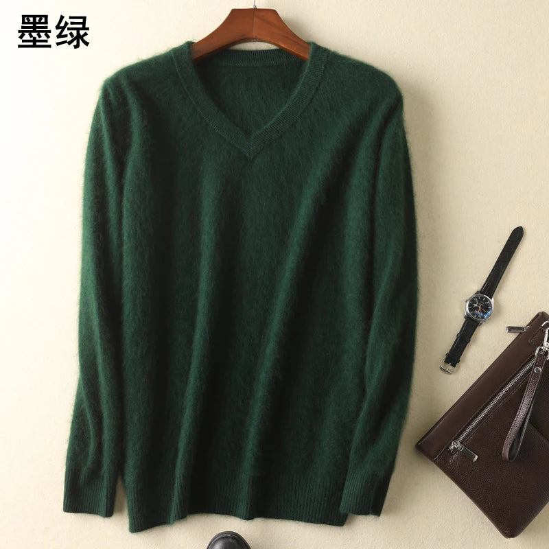 LHZSYY Men's 100% Mink Cashmere Large Size Sweaters Autumn Winter Solid V-neck Casual Knit Pullovers Men Long Sleeve Warm Jumper - Madeinsea©
