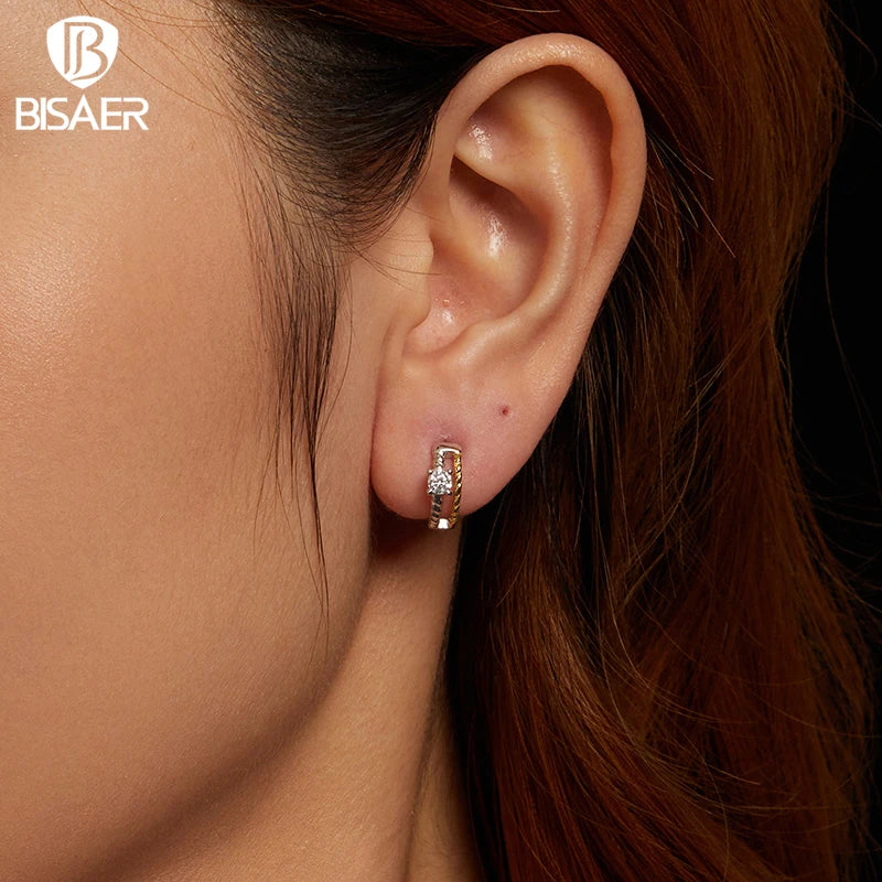 BISAER Exquisite Halo Stud Earrings 925 Sterling Silver Moissanite Two-tone Hoop Earrings for Women Engagement Fine Jewelry Gift