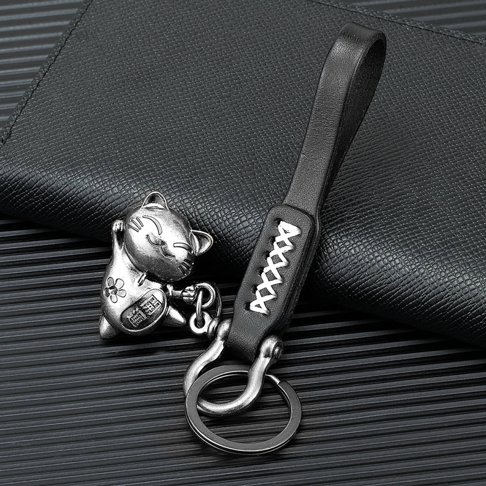 MKENND Personalized Premium leather Car keychain Lucky Cat Horseshoe Shackle Carabiner Hook Backpack Buckle Handmade Gifts