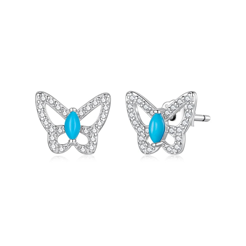 WOSTU 925 Sterling Silver Turquoise and CZ Butterfly Stud Earrings For Women, Nature Theme Insects Dangle Earrings for Women