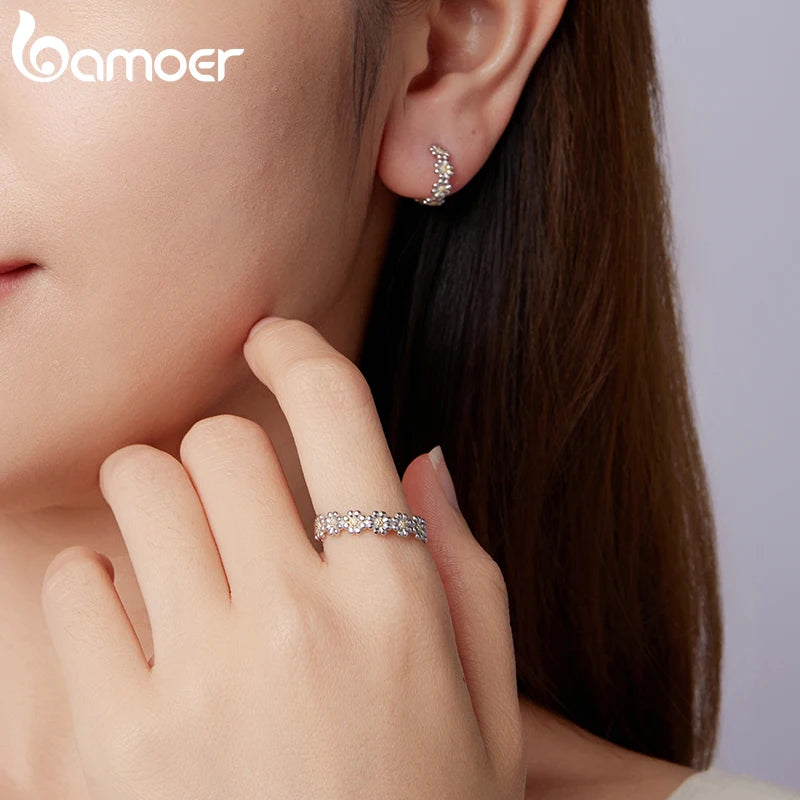 Bamoer 925 Sterling Silver Daisy Jewelry Set Yellow Flower Open Ring Plant Hoop Huggies Earrings for Women Teen Young Party Gift