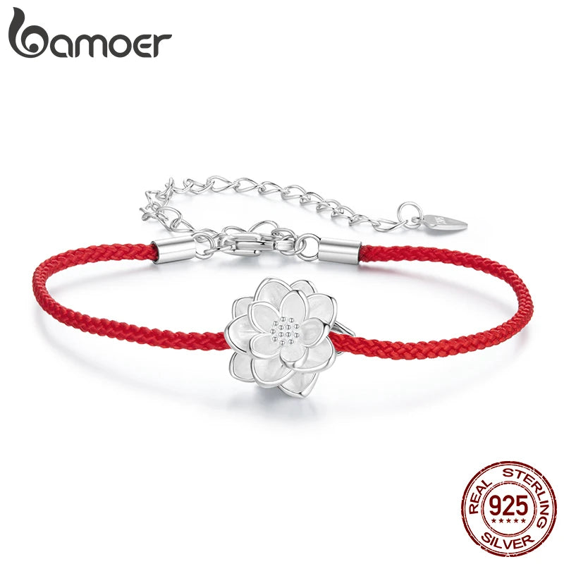 Bamoer Lotus-Armband aus 925er Sterlingsilber, zierliches, weißgoldplattiertes Armband aus roter, geknoteter Baumwollkette für Damen und Teenager-Mädchen