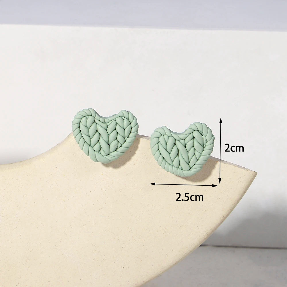 AENSOA Romantic Sweater Knit Love Heart Polymer Clay Stud Earrings for Women Handmade Braided Statement Earrings Party Jewelry