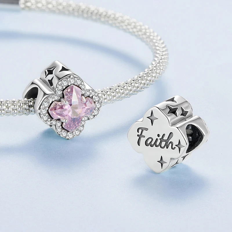 WOSTU 925 Sterling Lucky Green Four-leaf Clover Charm Pink Heart Pendant Faith Cross Bead Fit Bracelet Necklace Gift mom Family