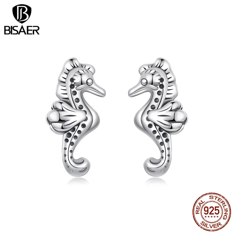BISAER 925 Sterling Silver Mini Seahorse Stud Earrings Marine Animals Stud Ear for Women & Girls Party Fine Jewelry Holiday Gift
