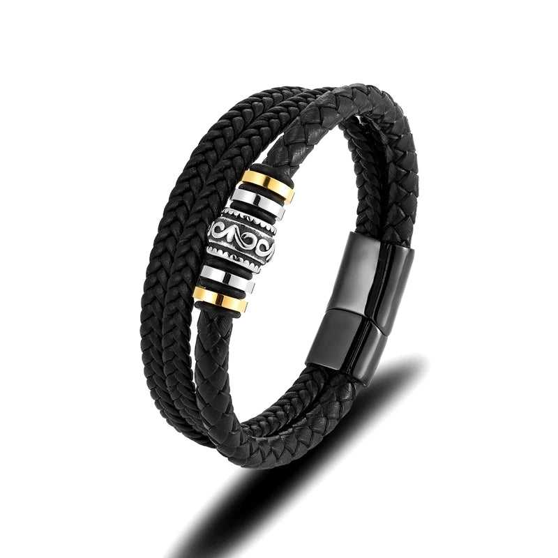 MKENDN Punk Men Multilayer Woven Genuine Leather Bracelet Black Stainless Steel Rune Magnetic Buckle Bracelet Homme Pulseras