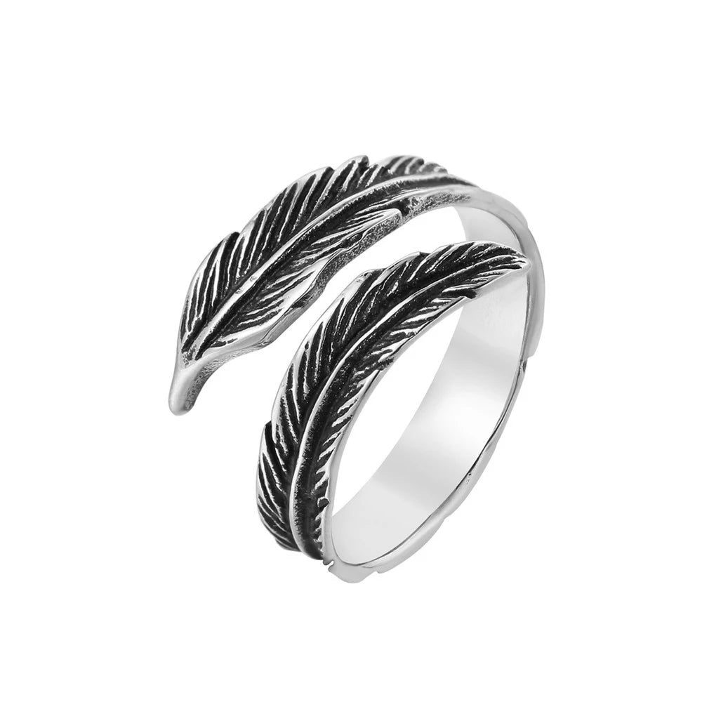 Retro Creative Open Feather Stainless Steel Ring Men and Women Jewelry Punk Viking Odin Crow Feather Ring Men's  Gift