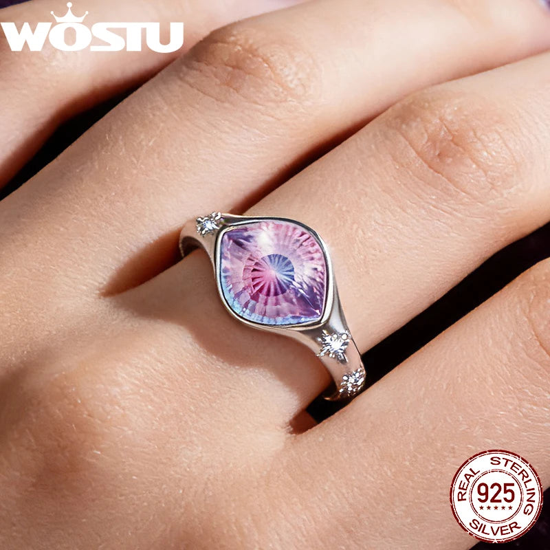 WOSTU 925 Sterling Silber Riesiger Ring mit offenem Nazar-Auge und Regenbogenkristall, Luxuriöser Statement-Ring mit Schutzauge, Geschenk für Cocktailpartys