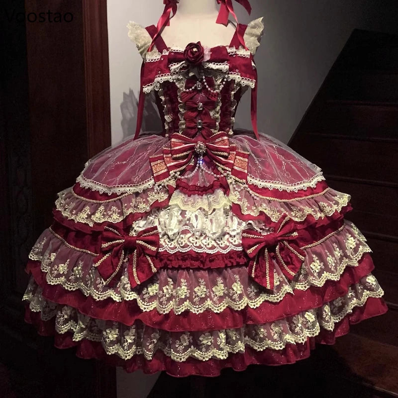 Victorian Gothic Lolita Jsk Dress Women Luxury Elegant Lace Ruffles Bow Wedding Dress Japanese Vintage Princess Party Dresses