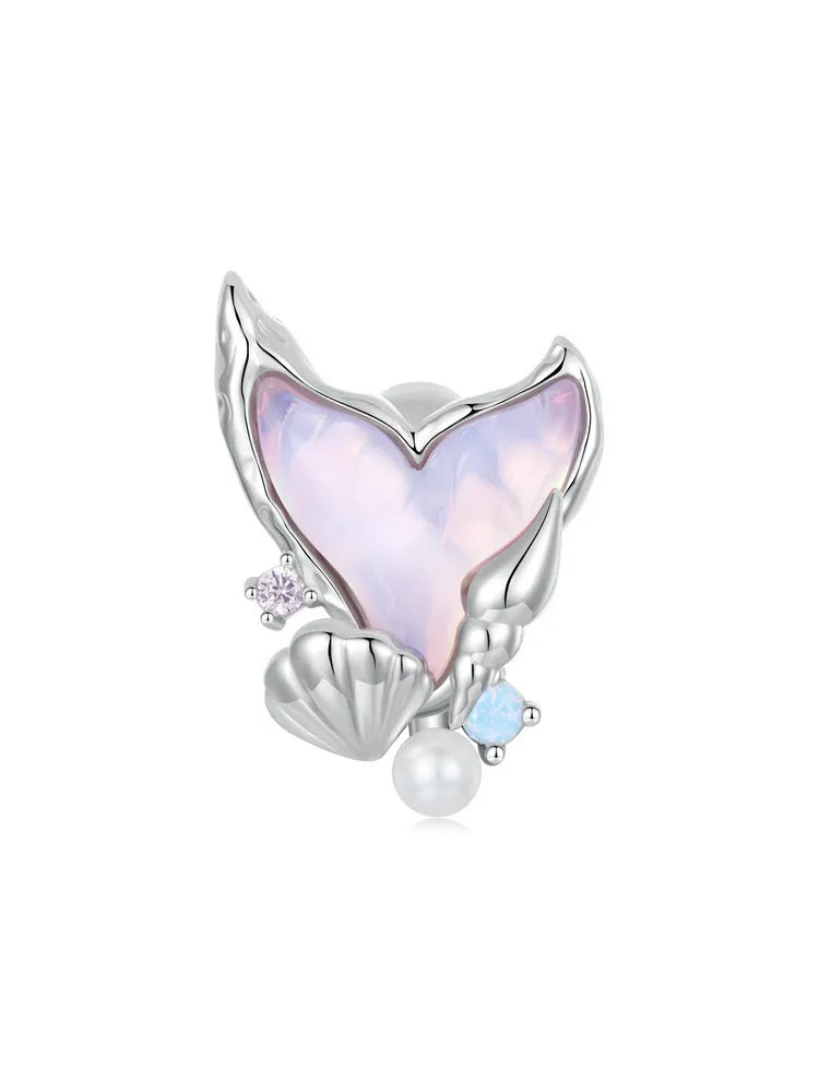 BISAER 925 Sterling Silver Ocean Dreamy Mermaid Charm Bead Rainbow Fishtail Crystal Pendant Fit Women DIY Bracelet Fine Jewelry