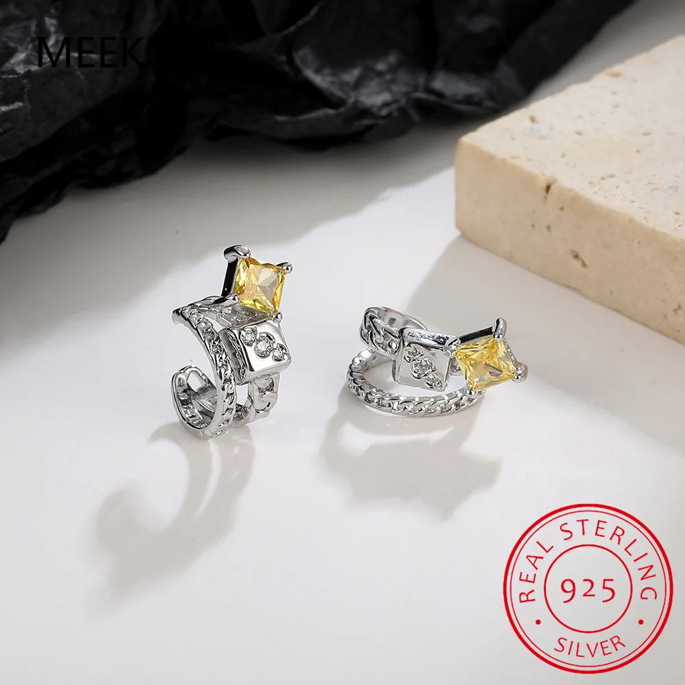 925 Sterling Silver Double Layer Square Citrine Clip on Earring Ear Cuff For Women Girl Without Piercing Earring Jewelry DS534