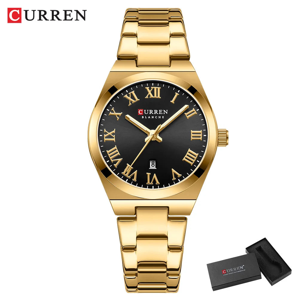 CURREN Fashionable Quartz Watches for Women Roman Numerals Simple Elegant Stainless Steel Braclete Ladies Wristwatch