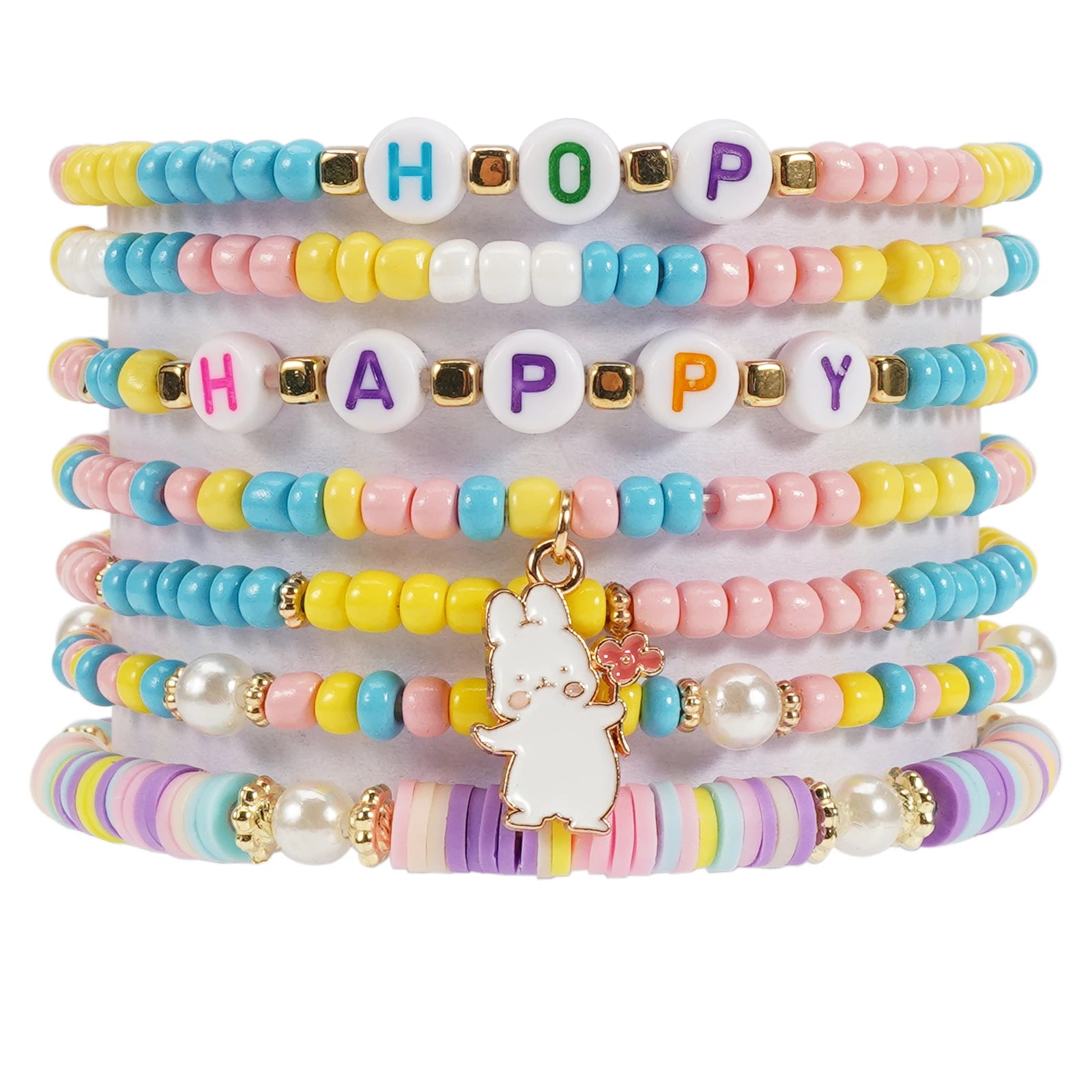 Ensemble de bracelets de Pâques colorés, empilables, en argile, extensibles, perles, style bohème, disques en vinyle, pour femmes