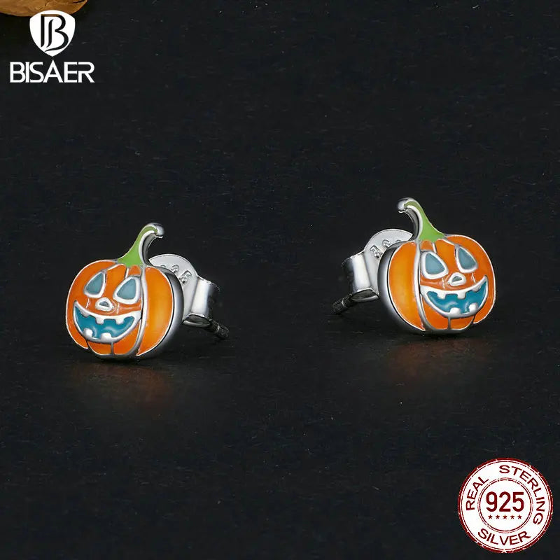 Boucles d'oreilles à tige en argent sterling 925 BISAER en forme de citrouille phosphorescente pour femme, bijoux fins pour fête d'Halloween