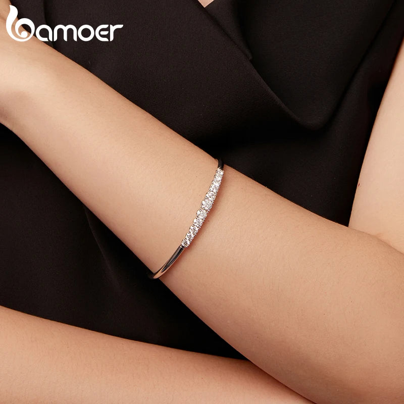 BAMOER 3.6CTTW Moissanite Bar Bracelet Adjustable Wrist Cuff Open Bangle 925 Sterling Silver for Women Wedding Gift Round Cut
