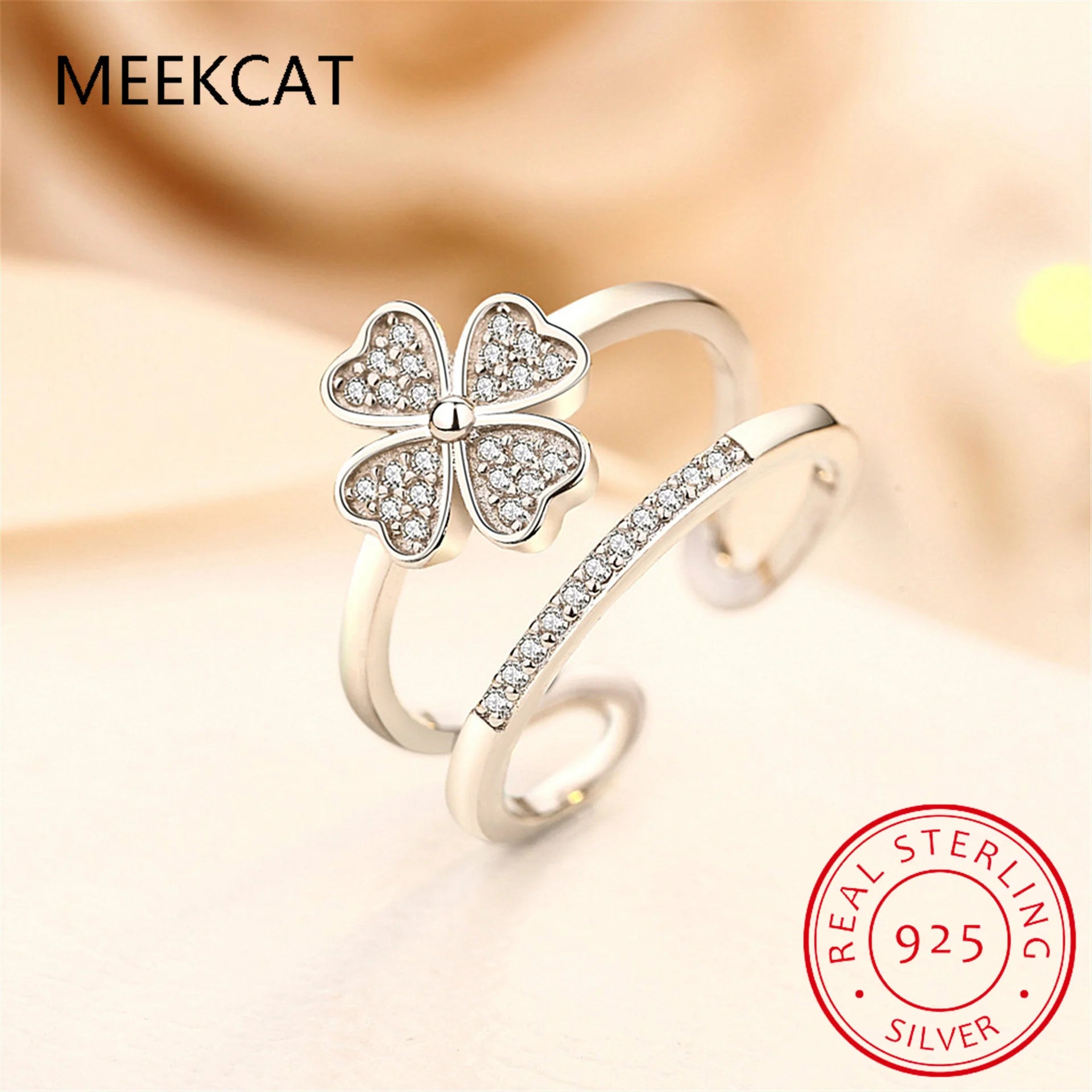 925 Sterling Silver Double Layer Heart Four-leaf Clover Ring Adjustable for Women Gift Pave Setting CZ Fine Jewelry BSR399